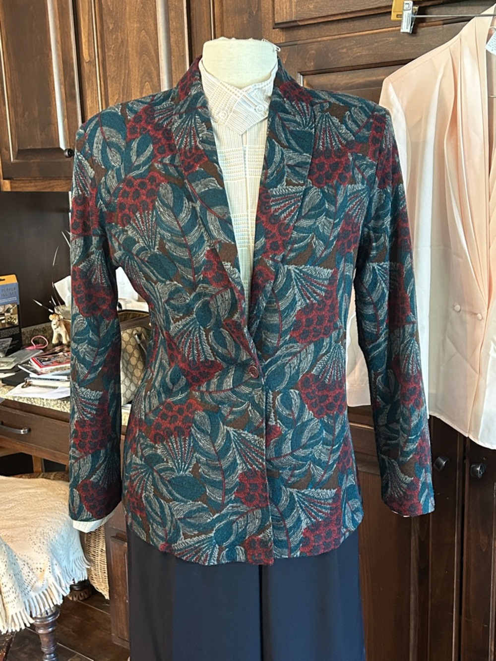 1980’s Nikki Sz 11/12 Womens Teal & Burgundy Floral Blazer Jacket